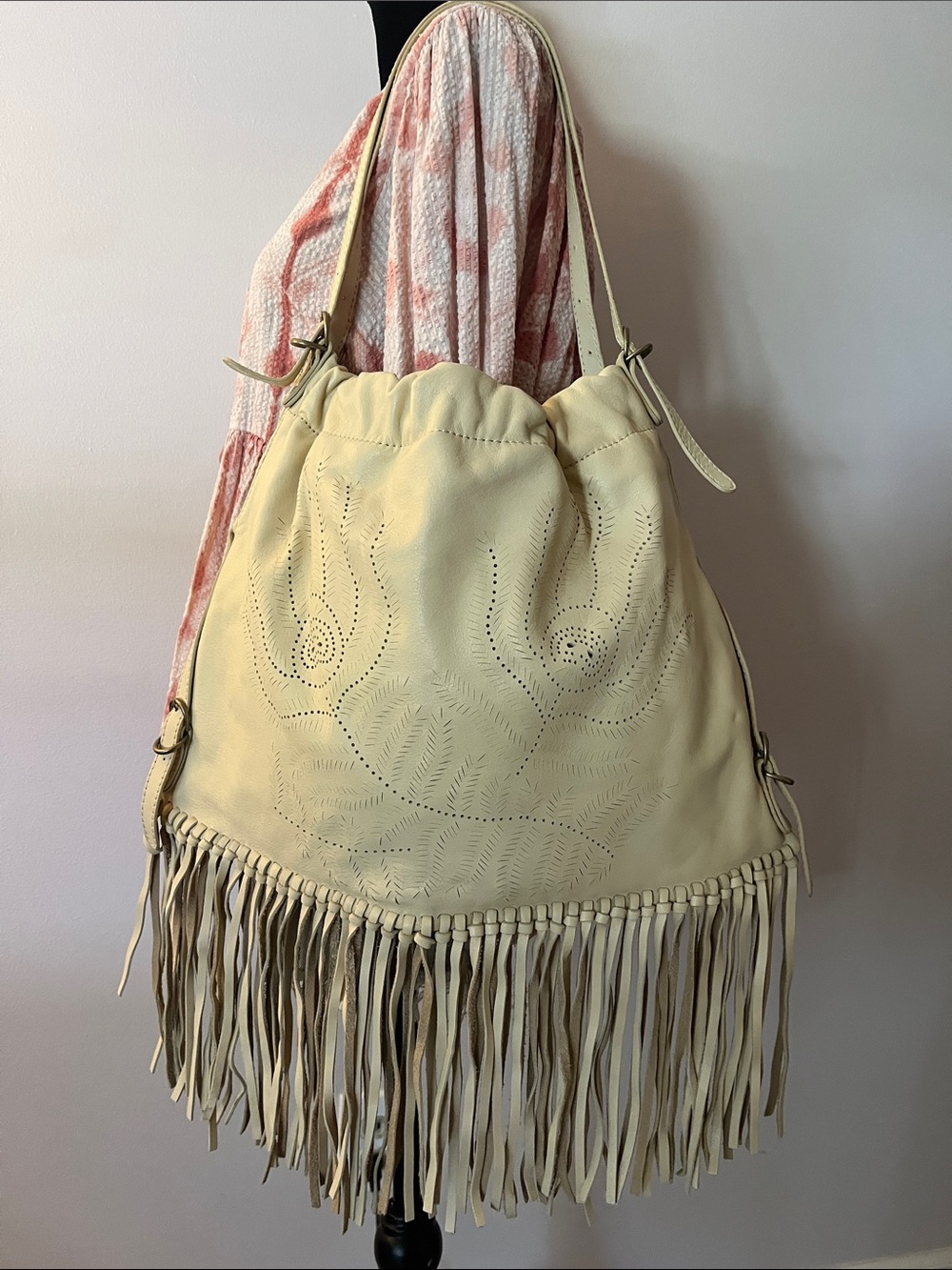 Vintage Hype Large Fringe Hobo Bag, cream leather w floral detail